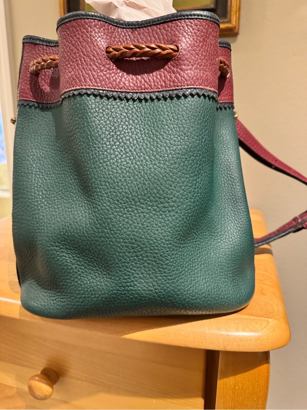 Leather Two-Tone Drawstring Bucket Bag - Green & Burgundy - Picture 4 of 7